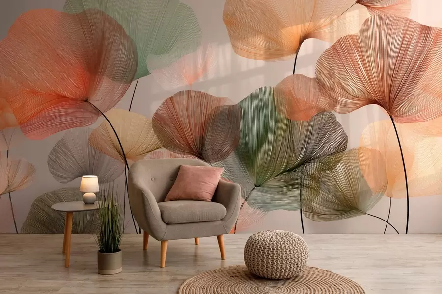 Fototapete mehrfarbige Ginkgoblätter mit Adern w04305