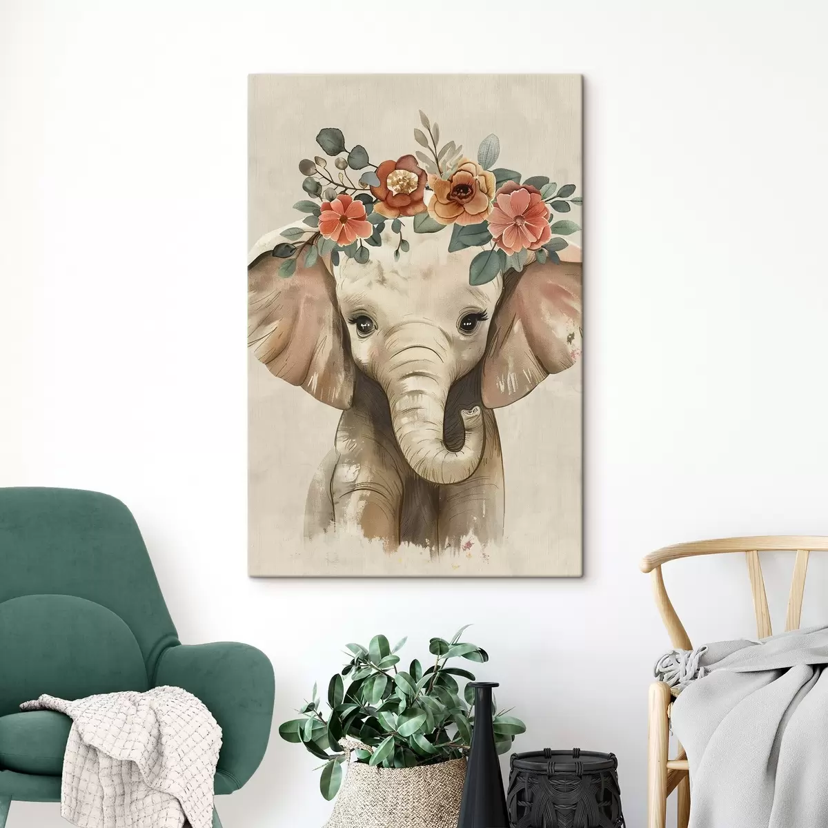 Fototapete Niedlicher Aquarell-Elefant mit Blumen s45330