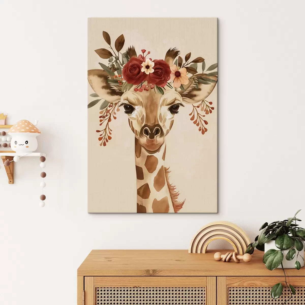 Fototapete Giraffe im Aquarellstil mit Blumen auf dem Kopf s45331