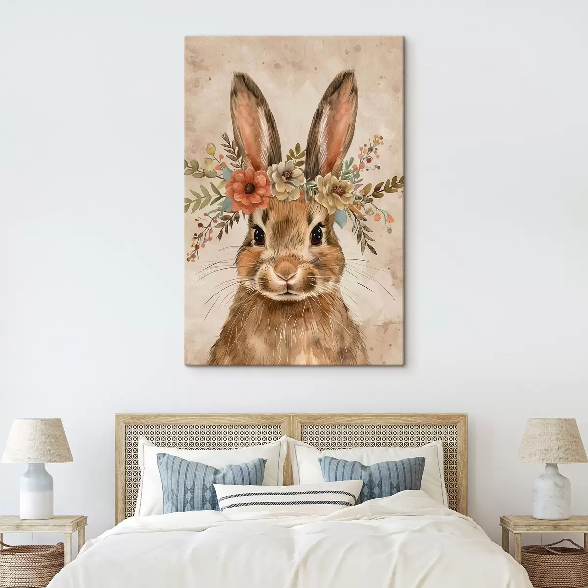 Fototapete Niedlicher Hase mit Blumen im Aquarellstil s45332