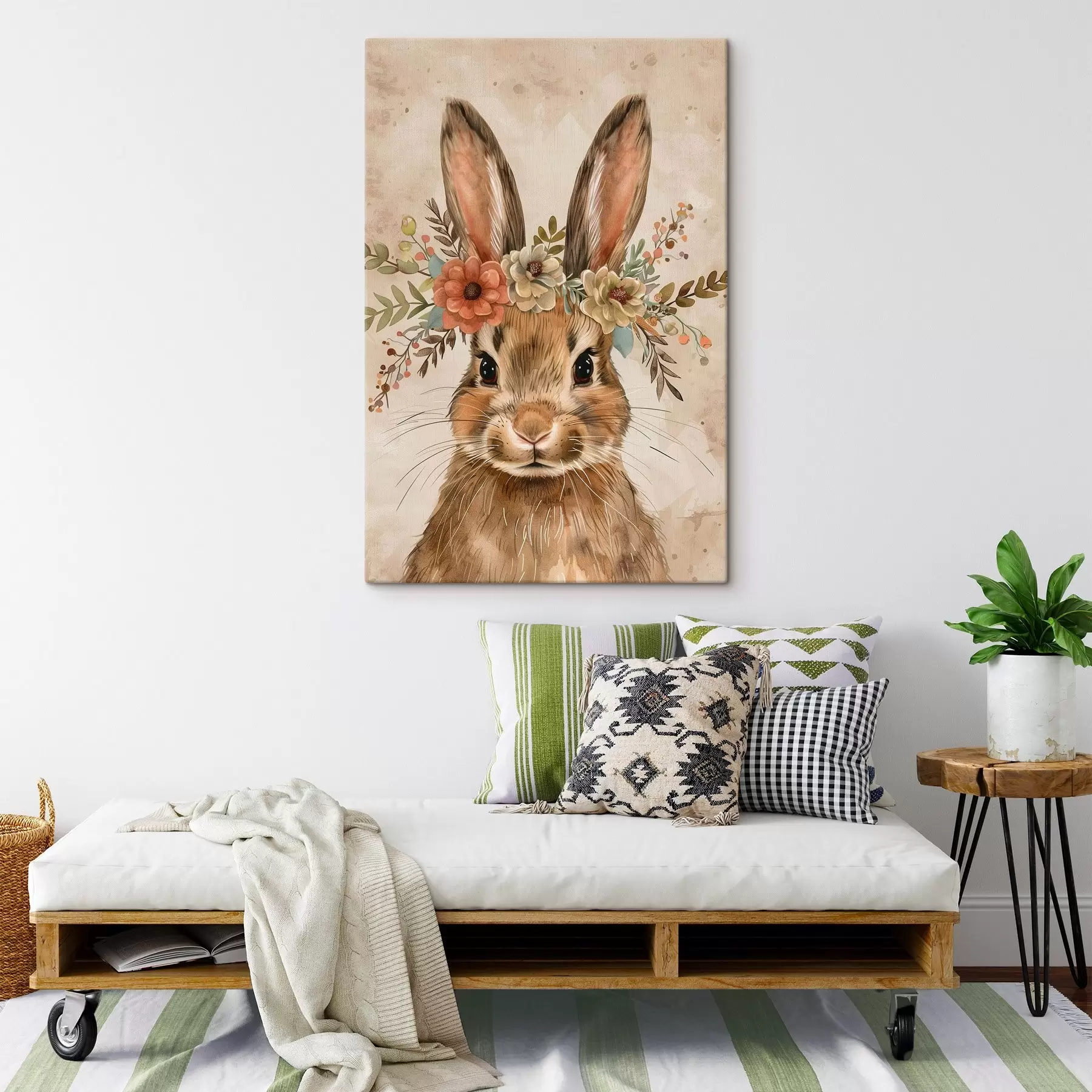 Fototapete Niedlicher Hase mit Blumen im Aquarellstil s45332