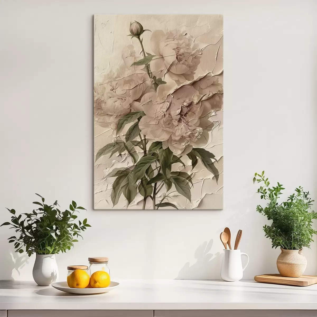 Fototapete Üppiger Blumenstrauß aus Pfingstrosen auf hellem Hintergrund s45337