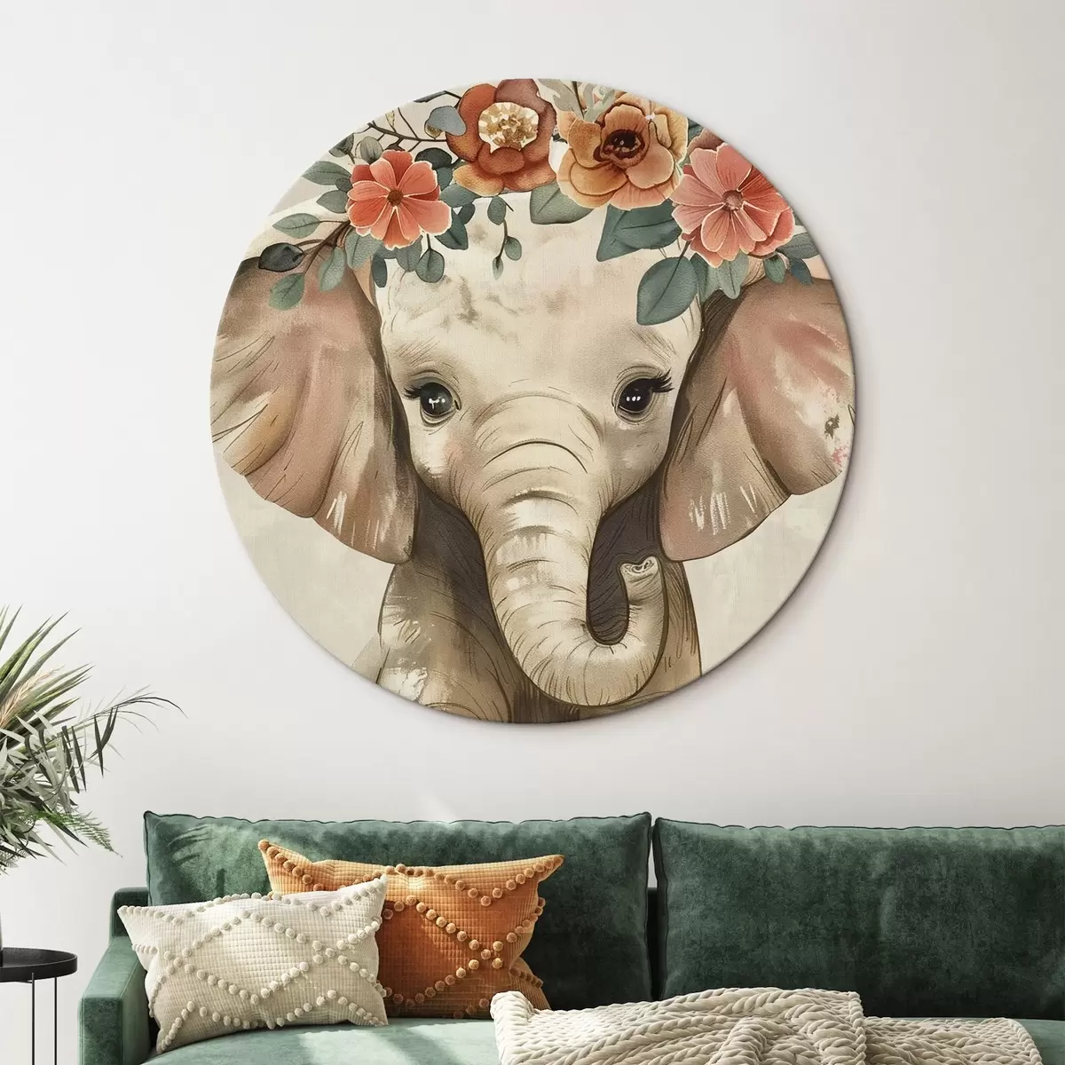 Runde Wandbilder Niedlicher Aquarell-Elefant mit Blumen r45330