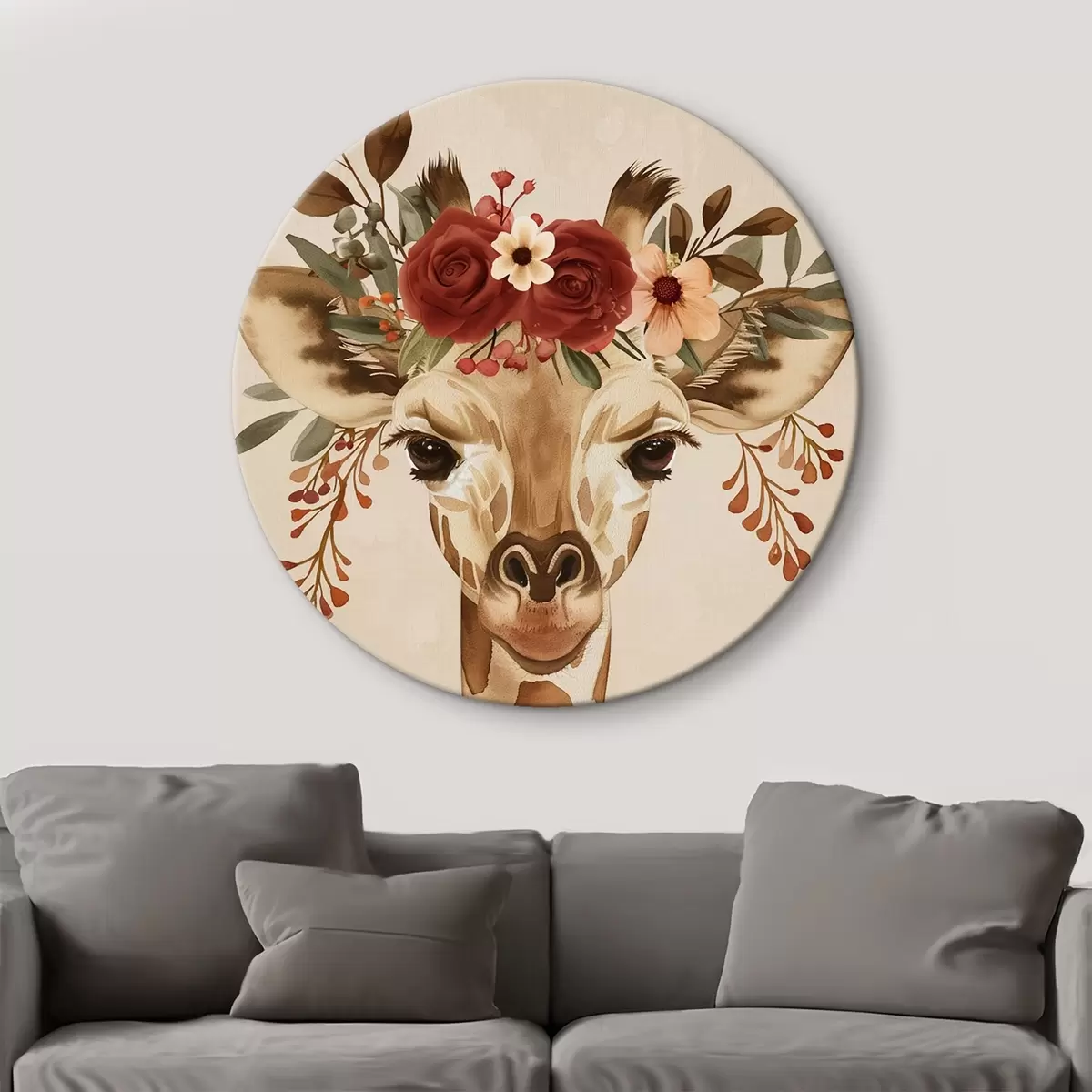 Runde Wandbilder Giraffe im Aquarellstil mit Blumen auf dem Kopf r45331