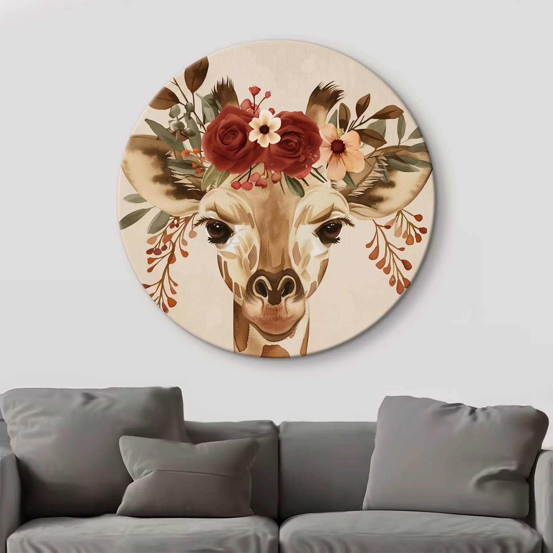 Fototapete Giraffe im Aquarellstil mit Blumen auf dem Kopf r45331