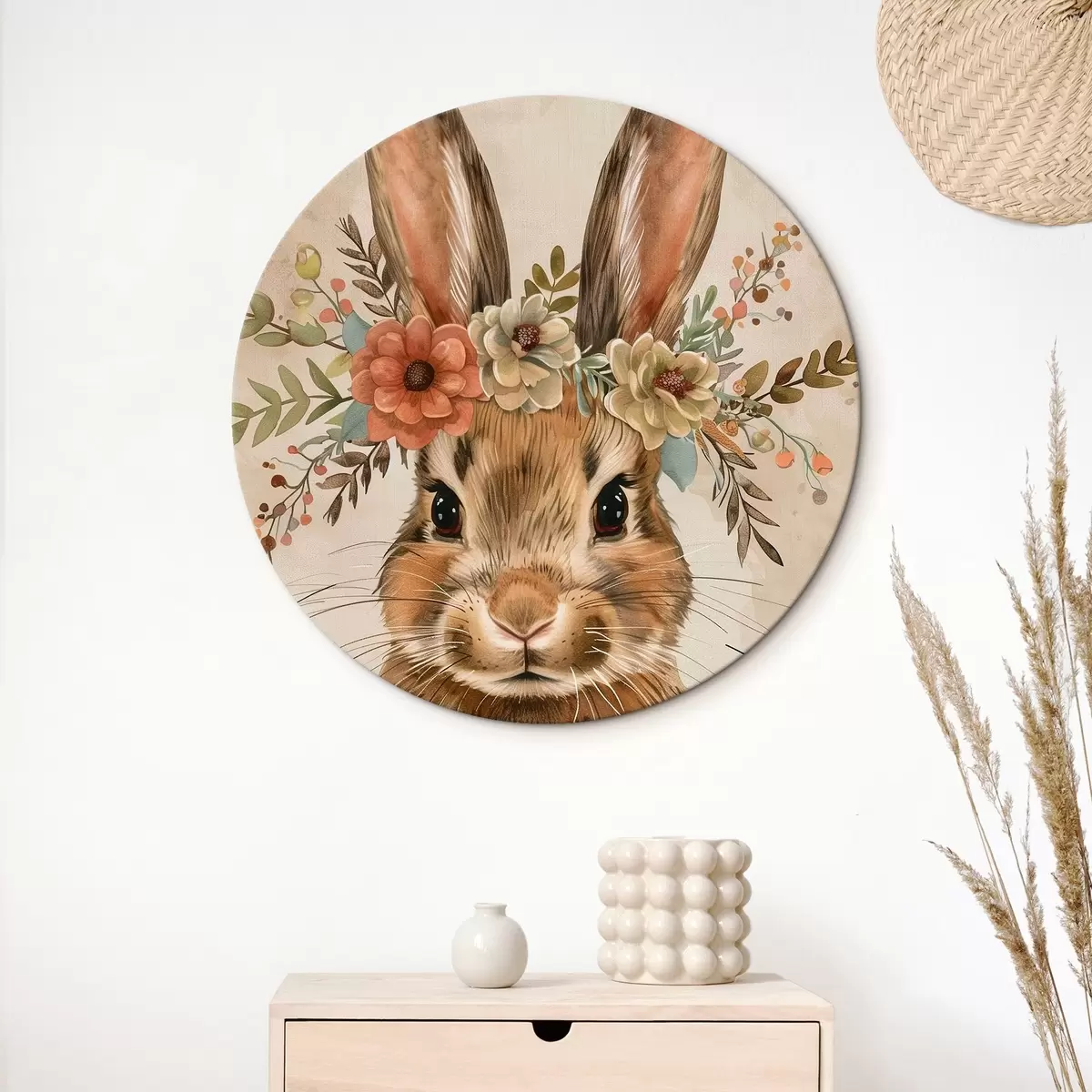 Runde Wandbilder Niedlicher Hase mit Blumen im Aquarellstil r45332