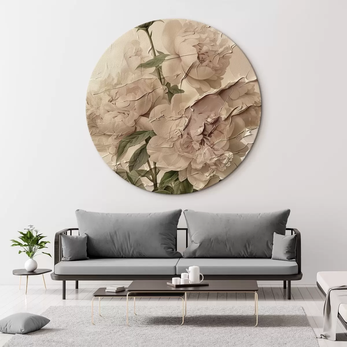 Runde Wandbilder Üppiger Blumenstrauß aus Pfingstrosen auf hellem Hintergrund r45337