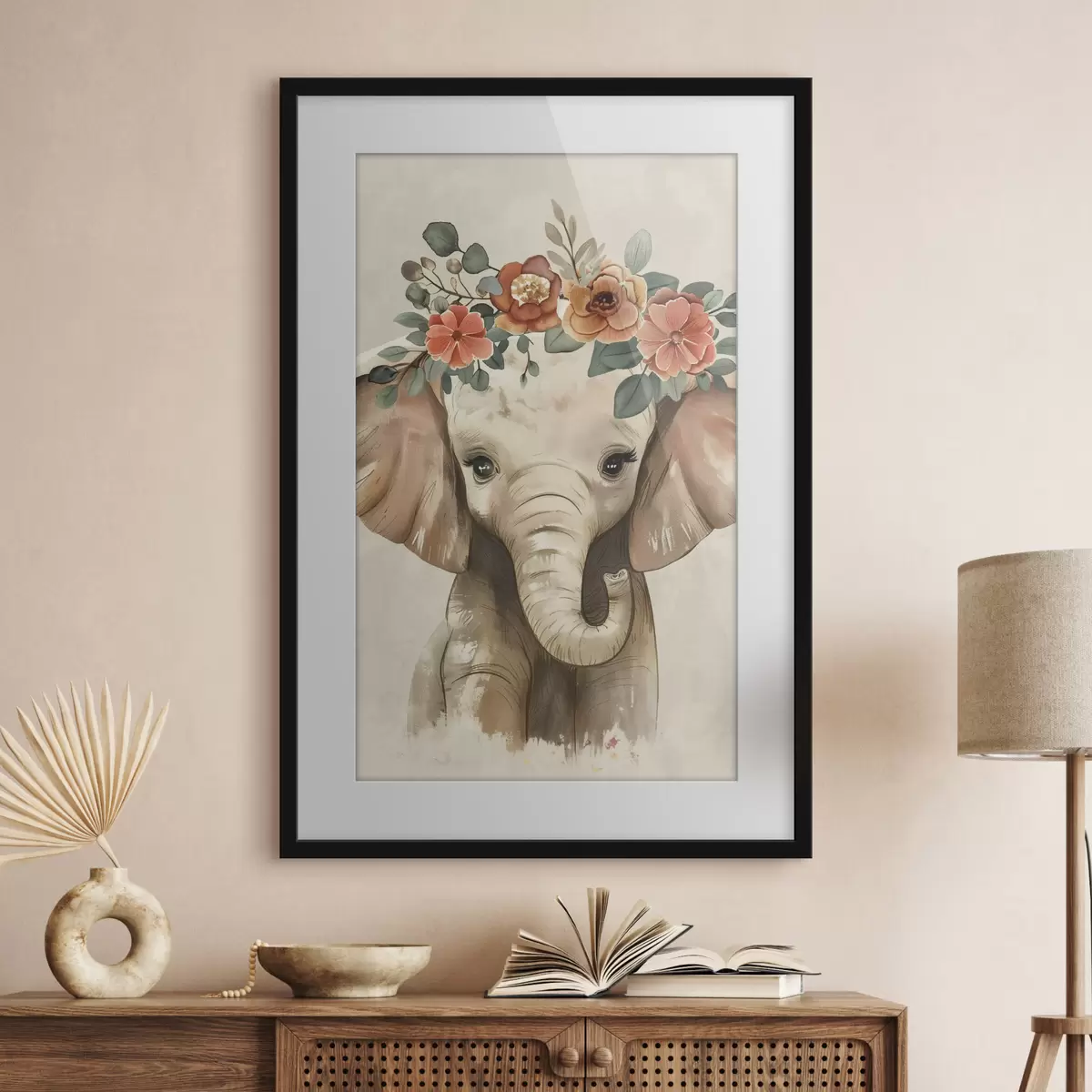Poster Niedlicher Aquarell-Elefant mit Blumen f45330
