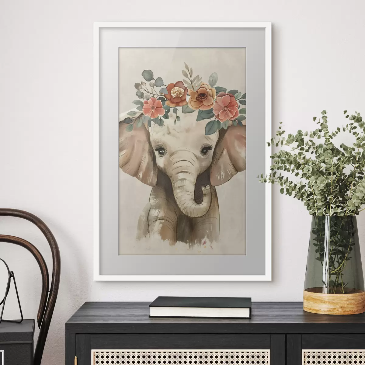 Poster Niedlicher Aquarell-Elefant mit Blumen f45330