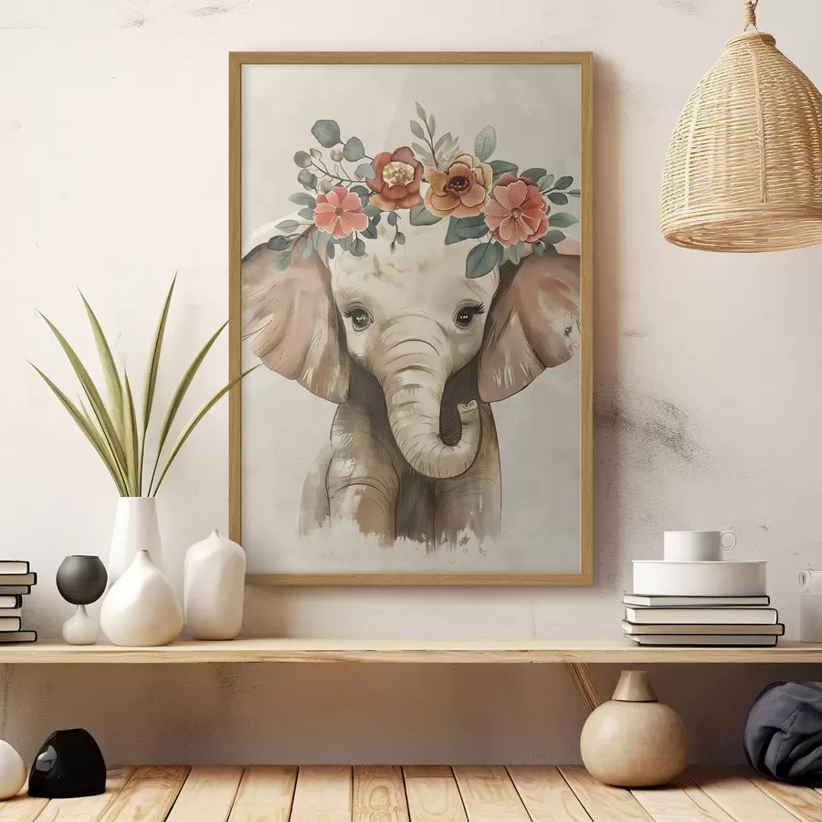 Fototapete Niedlicher Aquarell-Elefant mit Blumen f45330