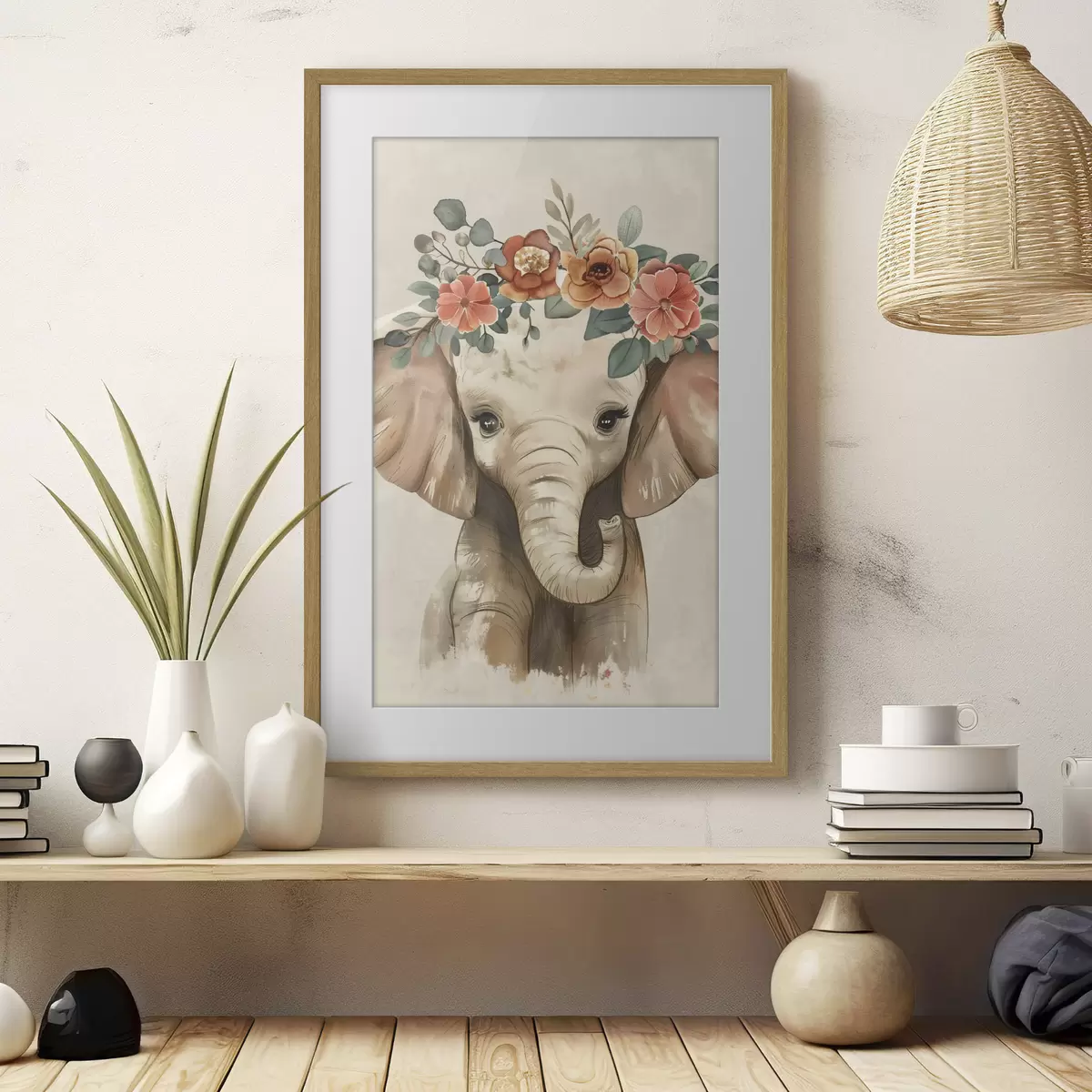 Poster Niedlicher Aquarell-Elefant mit Blumen f45330
