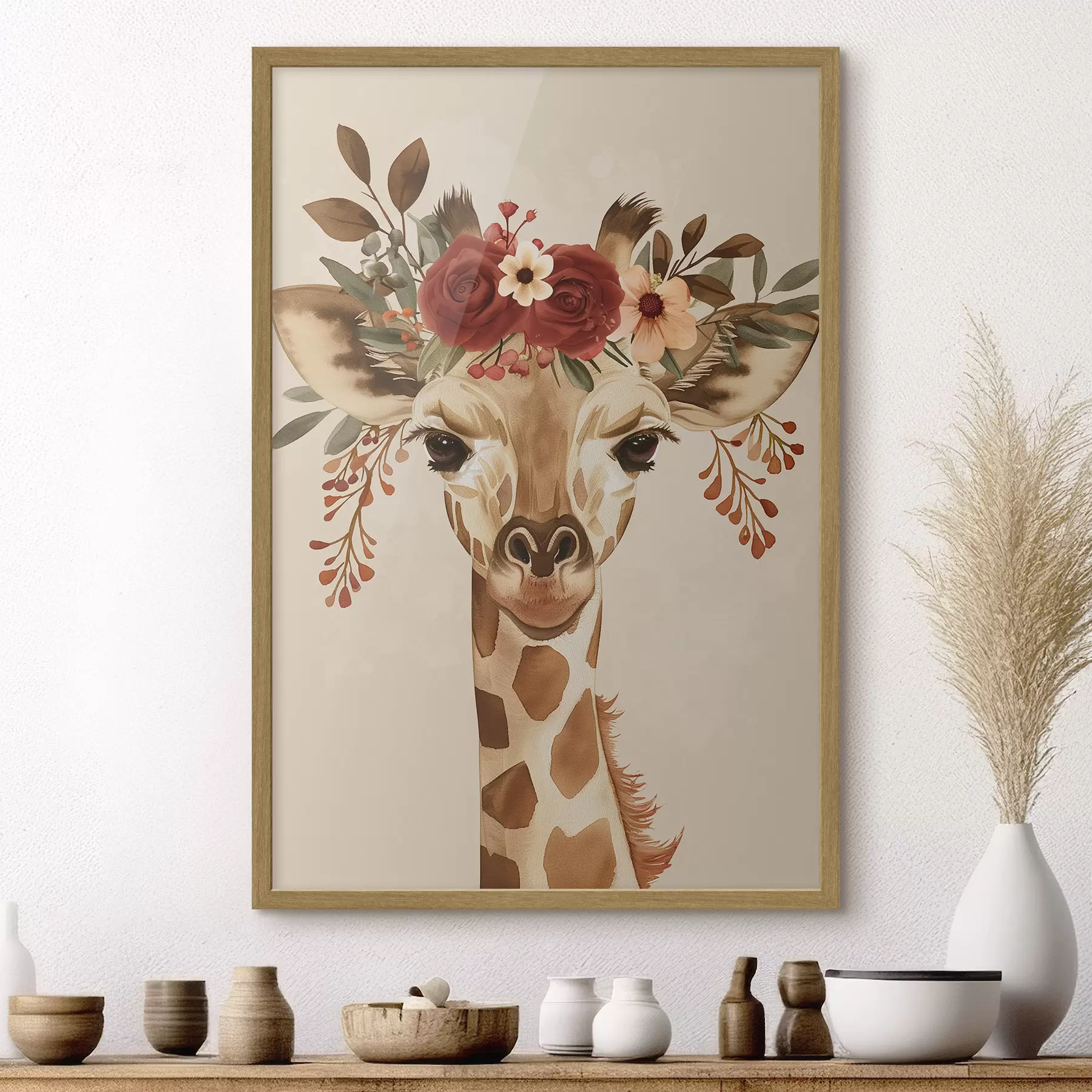 Fototapete Giraffe im Aquarellstil mit Blumen auf dem Kopf f45331