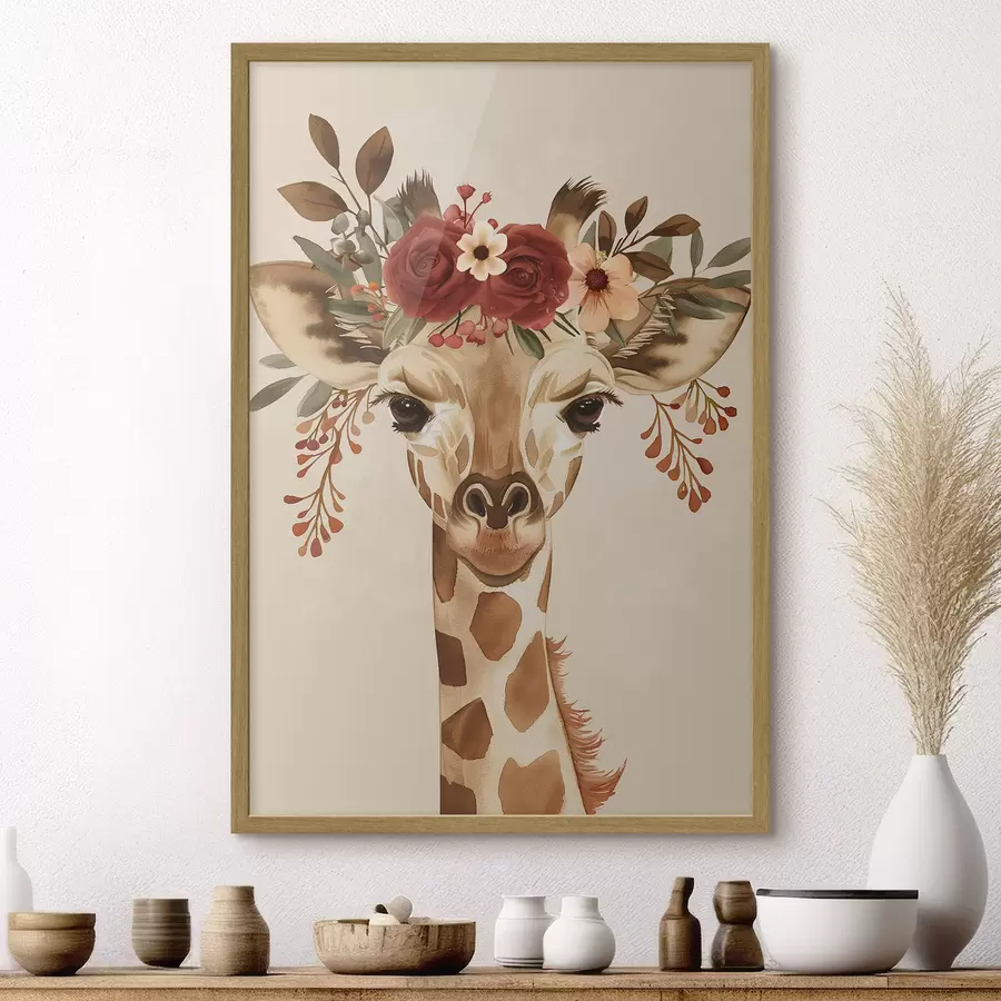 Fototapete Giraffe im Aquarellstil mit Blumen auf dem Kopf f45331