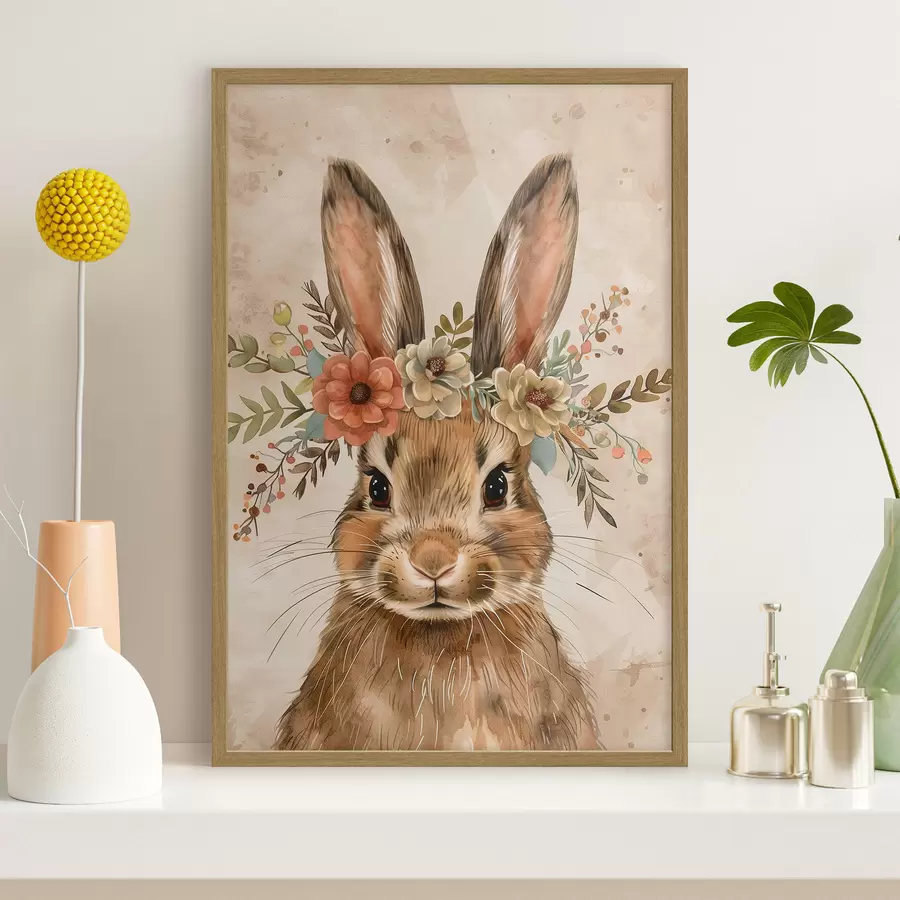 Fototapete Niedlicher Hase mit Blumen im Aquarellstil f45332