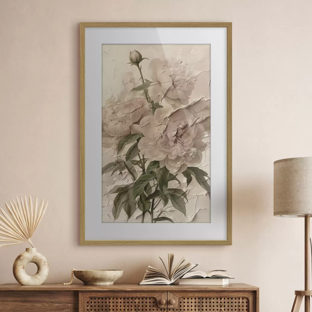Poster Üppiger Blumenstrauß aus Pfingstrosen auf hellem Hintergrund f45337