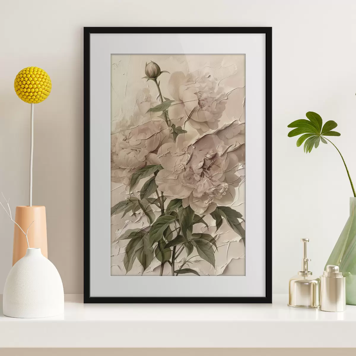 Poster Üppiger Blumenstrauß aus Pfingstrosen auf hellem Hintergrund f45337