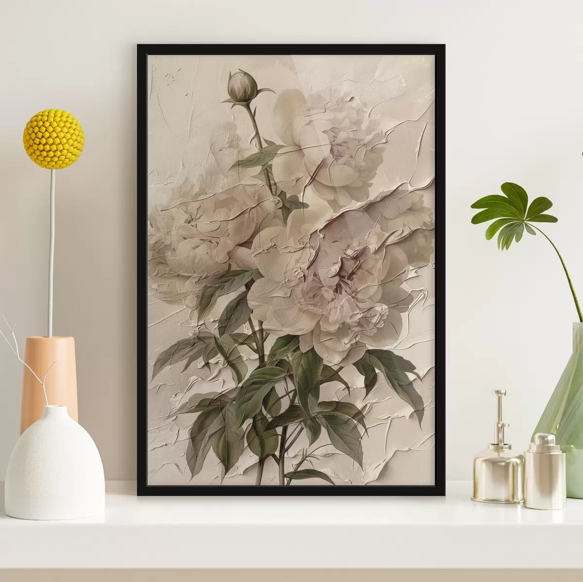 Poster Üppiger Blumenstrauß aus Pfingstrosen auf hellem Hintergrund f45337