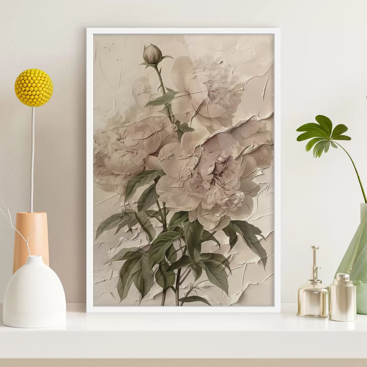 Poster Üppiger Blumenstrauß aus Pfingstrosen auf hellem Hintergrund f45337