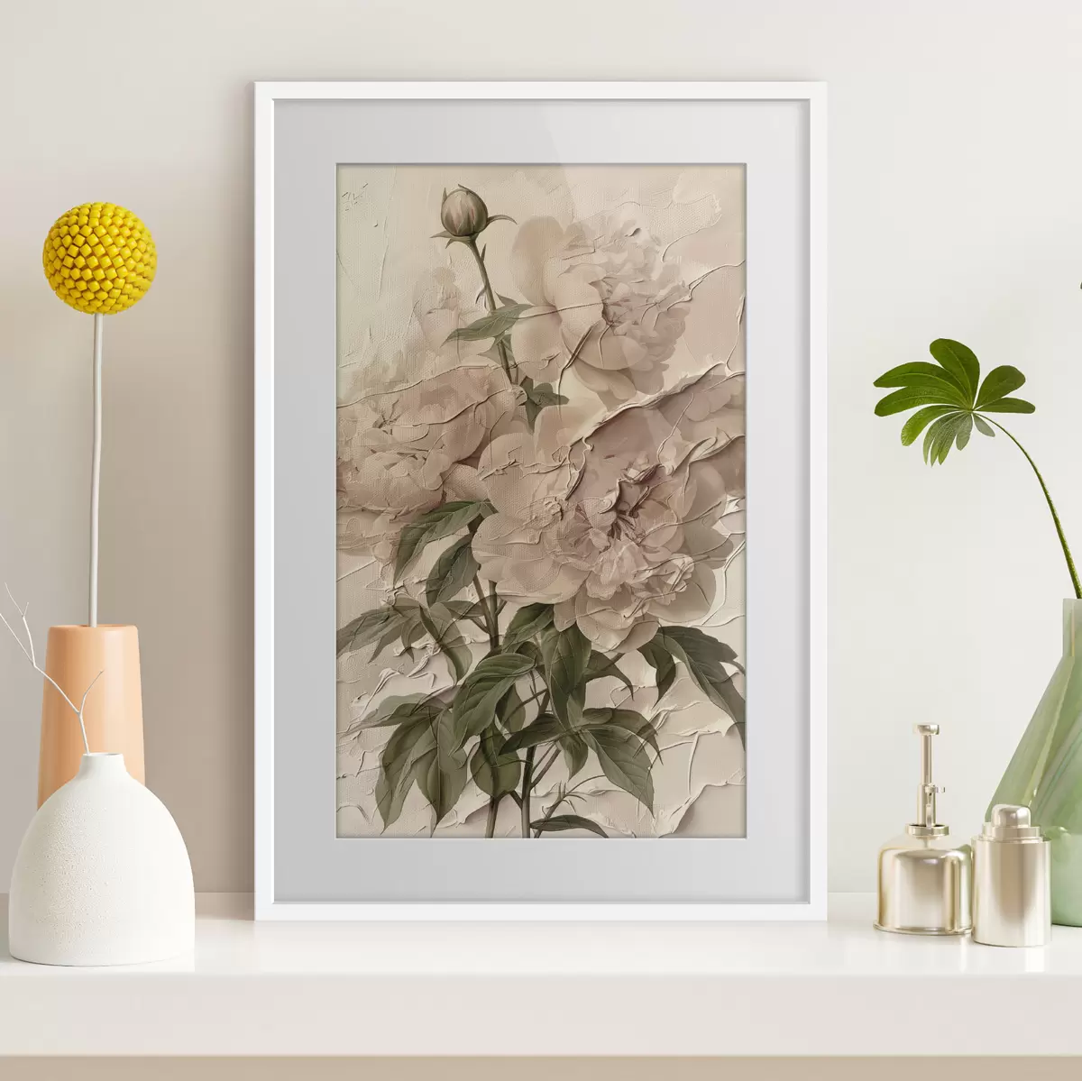 Poster Üppiger Blumenstrauß aus Pfingstrosen auf hellem Hintergrund f45337