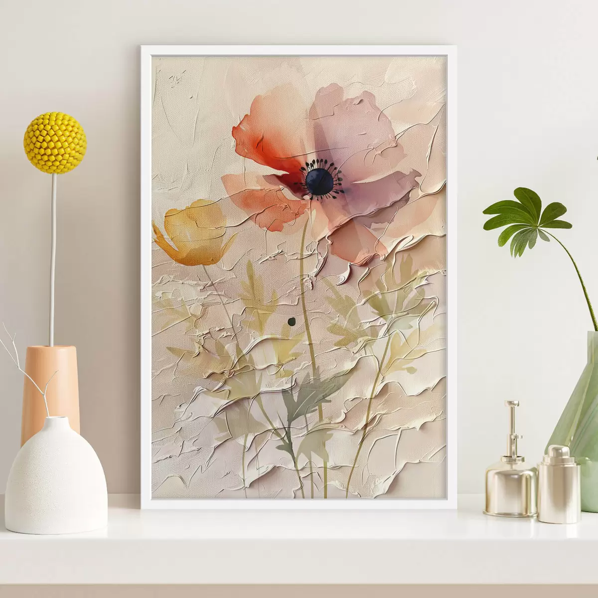 Poster Transluzentes Blumenarrangement auf hellem Hintergrund f45338