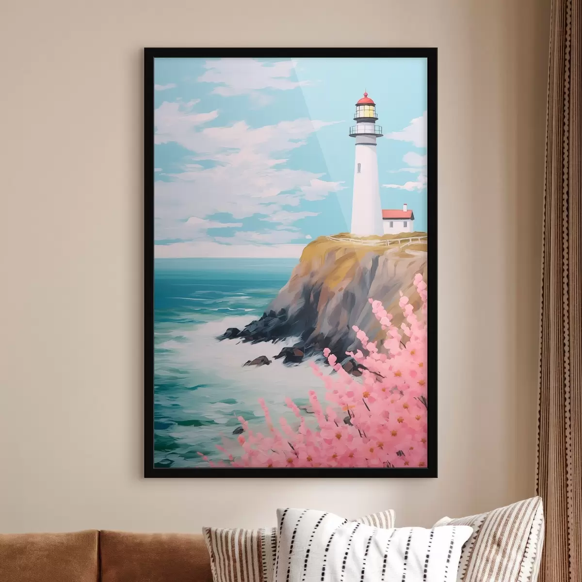 Poster Leuchtturm auf einer Klippe am Meer f45435