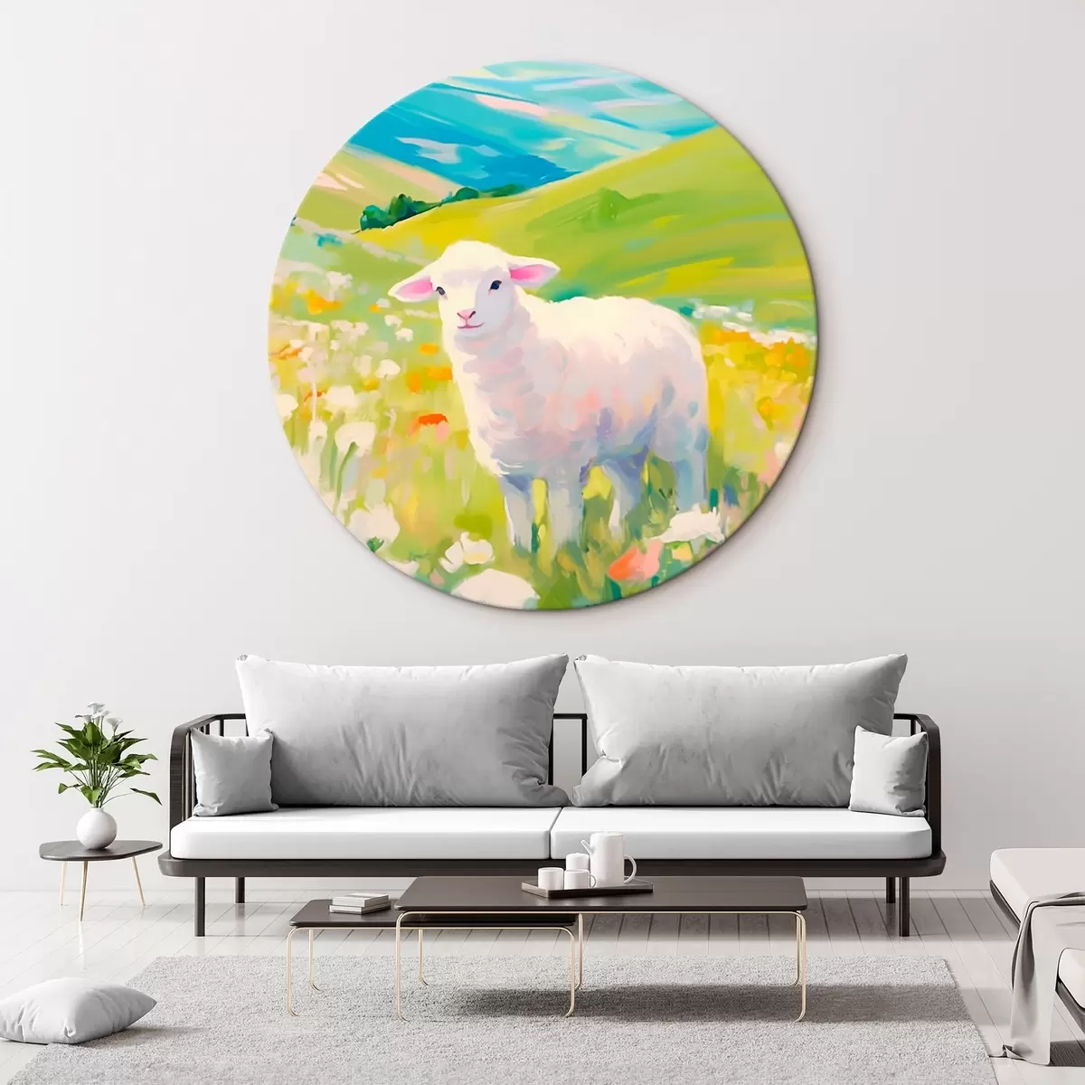 Runde Wandbilder Lamm in einem Blumenfeld r45426