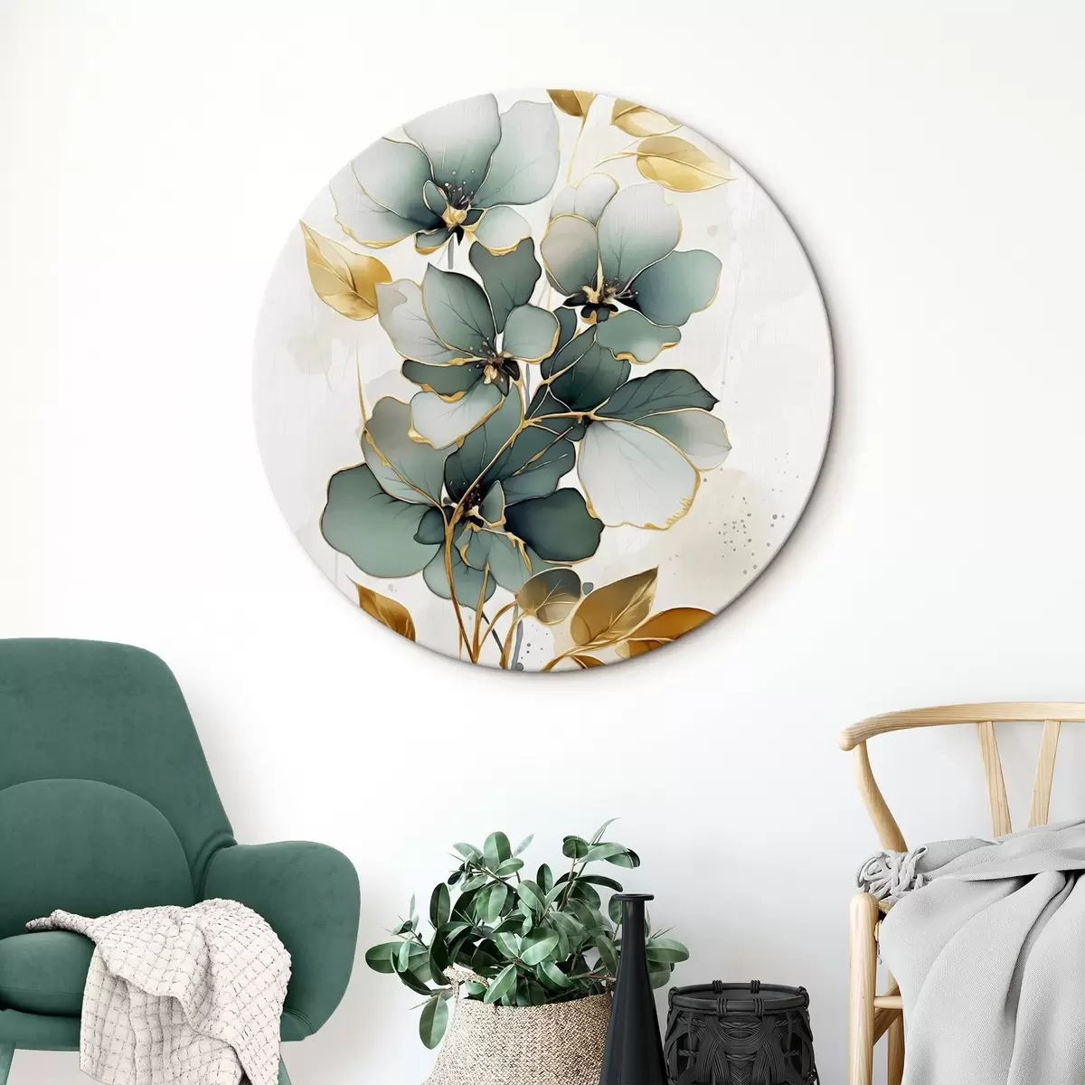 Runde Wandbilder Abstrakter Zweig mit Blumen und Blättern r45367