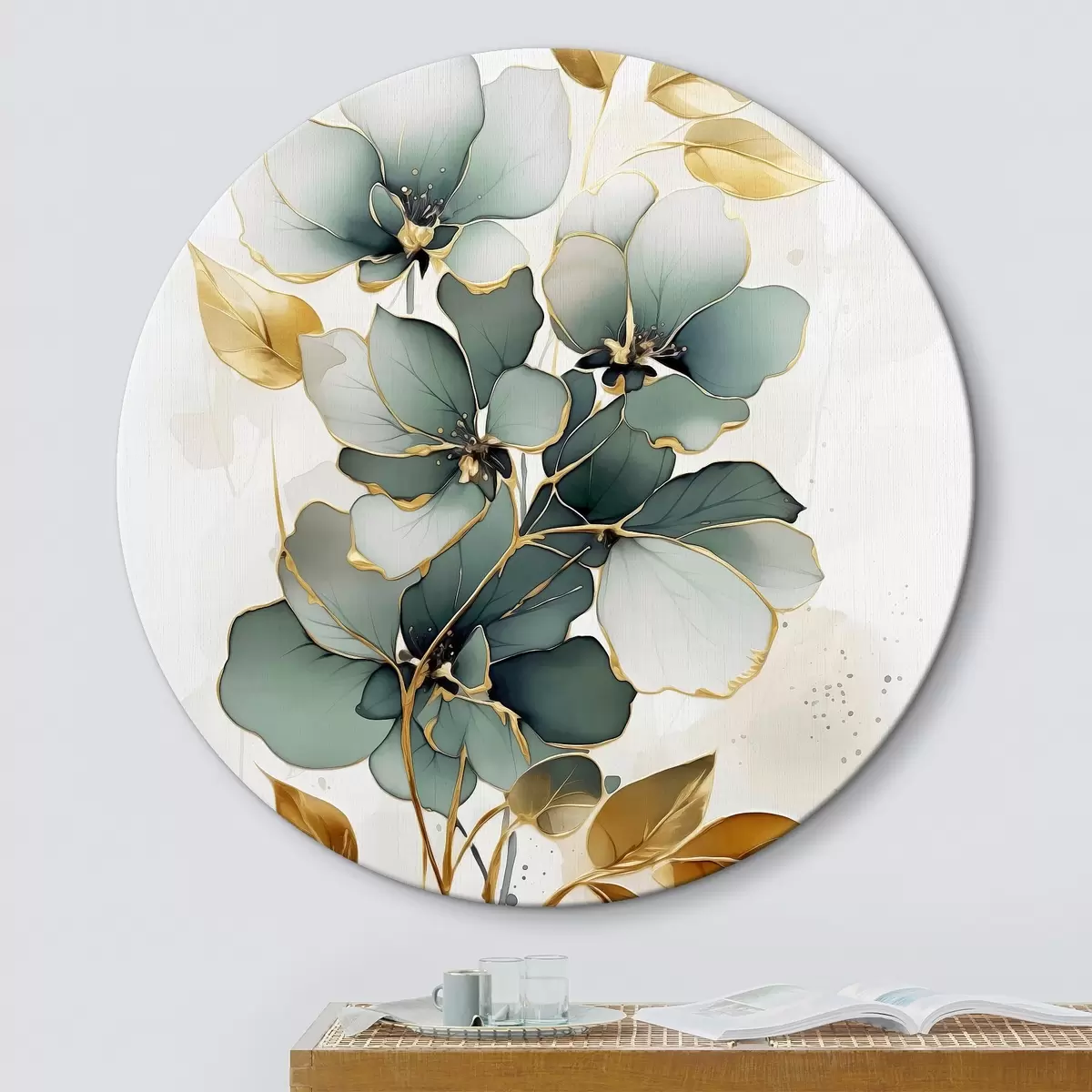 Runde Wandbilder Abstrakter Zweig mit Blumen und Blättern r45367