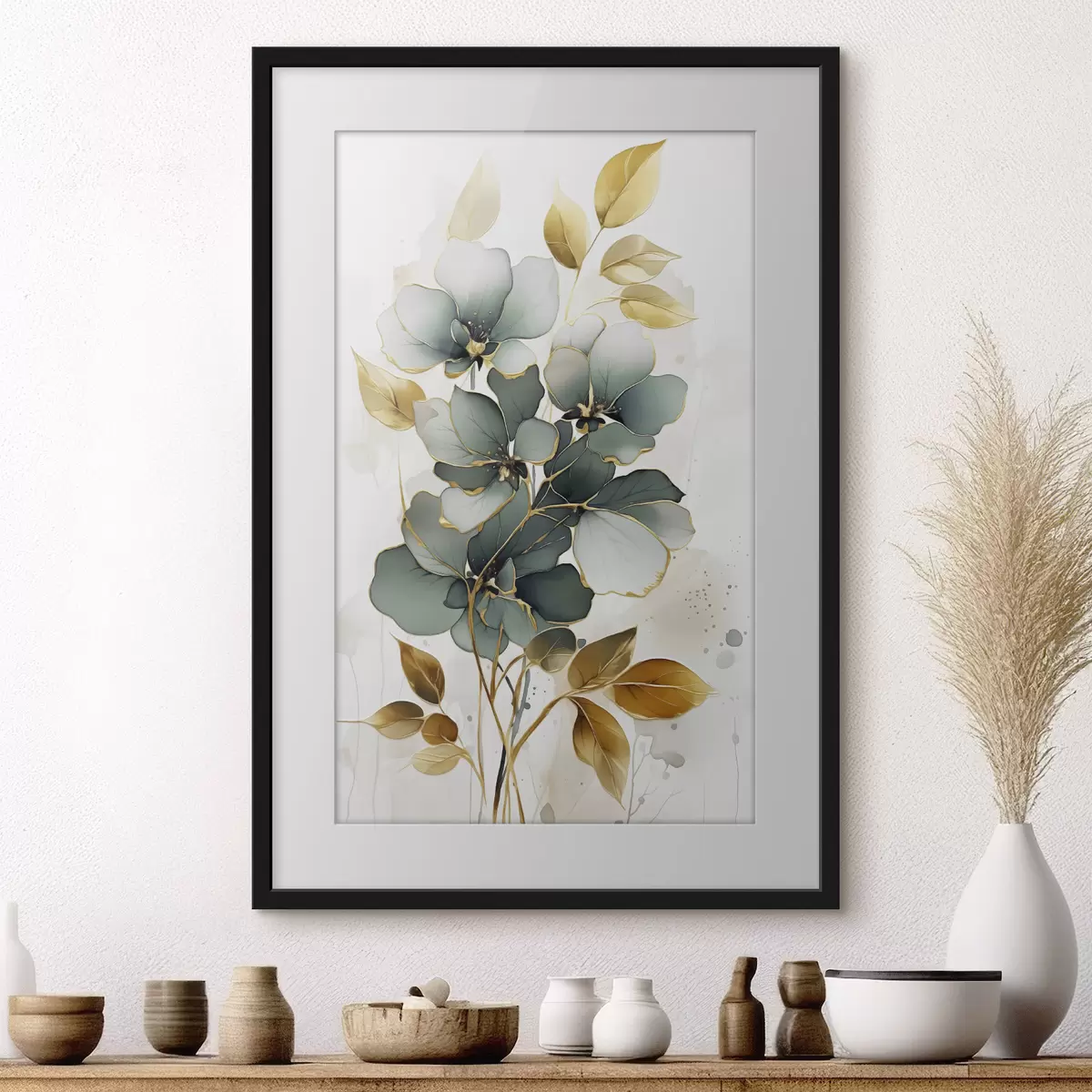 Poster Abstrakter Zweig mit Blumen und Blättern f45367