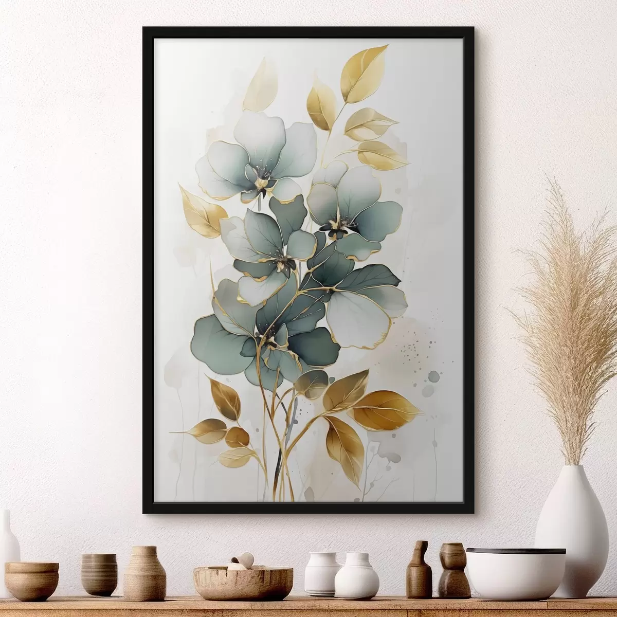 Poster Abstrakter Zweig mit Blumen und Blättern f45367