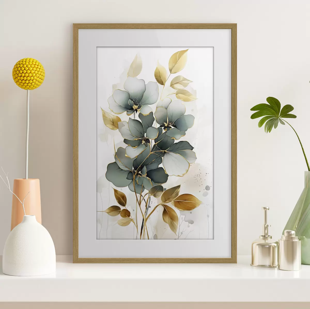 Poster Abstrakter Zweig mit Blumen und Blättern f45367