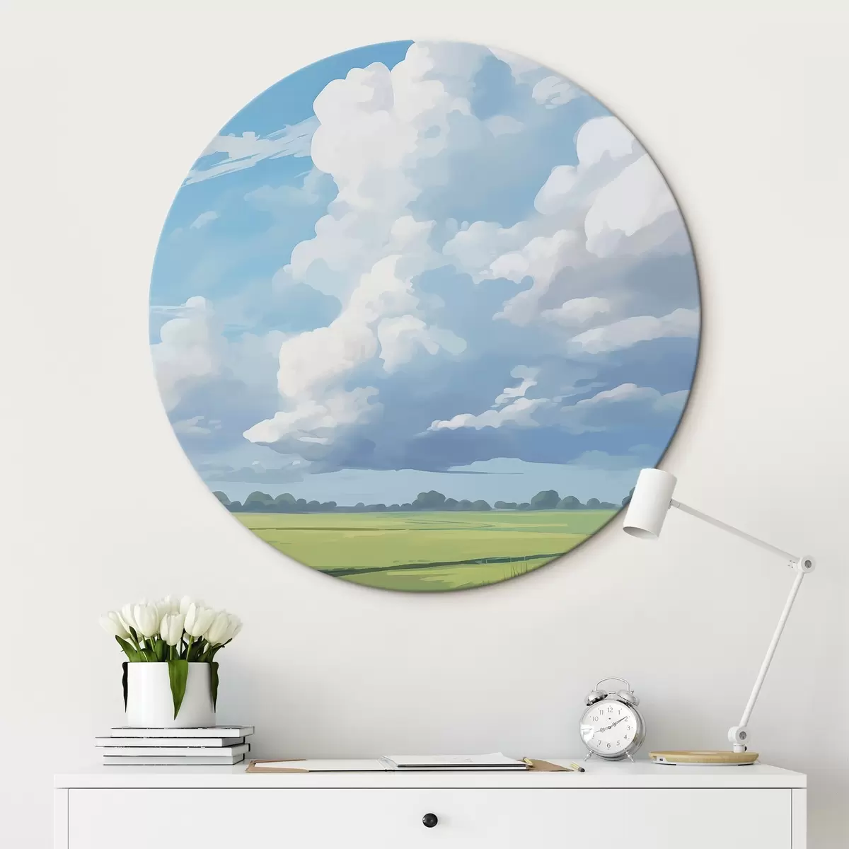 Runde Wandbilder Feld gegen den Himmel mit riesigen Wolken r45453