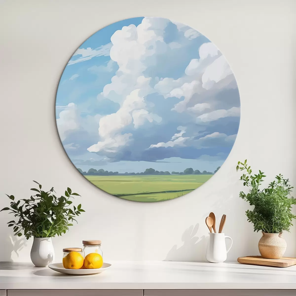 Runde Wandbilder Feld gegen den Himmel mit riesigen Wolken r45453