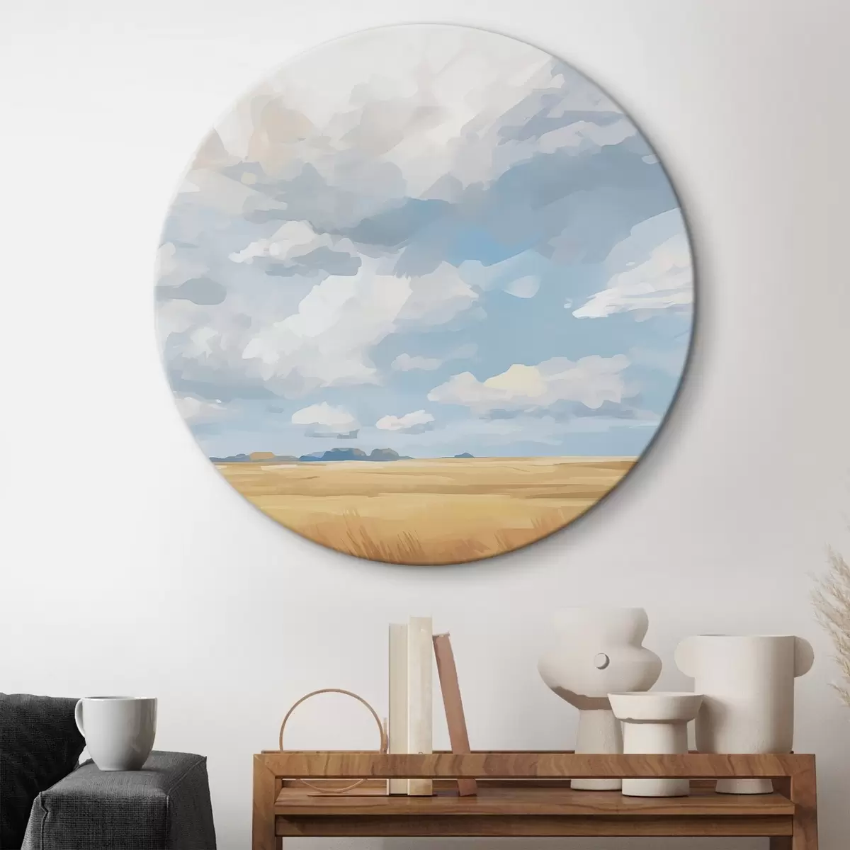 Runde Wandbilder Weizenfeld gegen den Himmel mit riesigen Wolken r45454