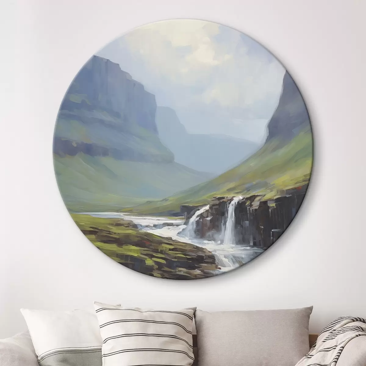 Runde Wandbilder Landschaft mit einem Fluss in der Nähe der Fjorde r45459