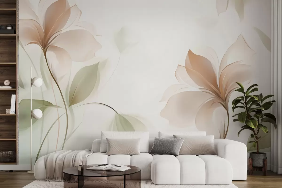 Fototapete Transparente Blumen in warmen Beige- und Rosatönen w04397
