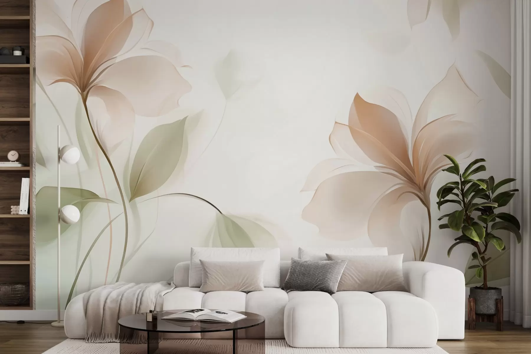 Fototapete Transparente Blumen in warmen Beige- und Rosatönen w04397