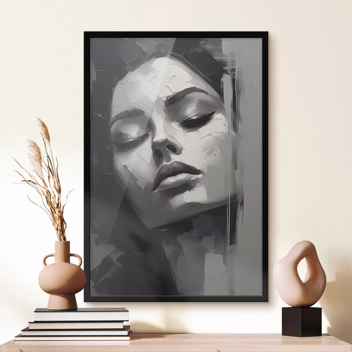 Poster Schwarzes und weißes Porträt einer Frau mit geschlossenen Augen f45479