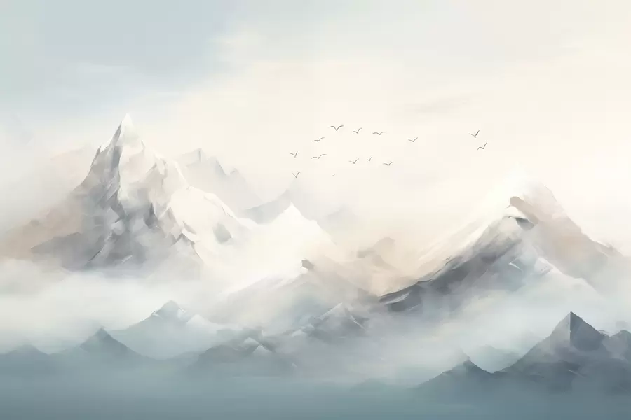Fototapete Schneebedeckte Berggipfel im Morgennebel mit auffliegenden Vögeln w09326
