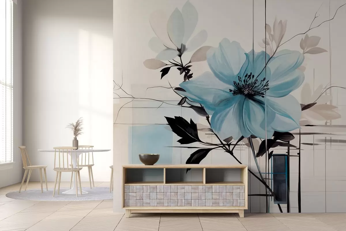 Fototapete Abstrakte strukturierte blaue Blume mit dunklen Blättern und Zweigen, geometrische minimalistische Formen und Linien in gedeckten Farben w09332
