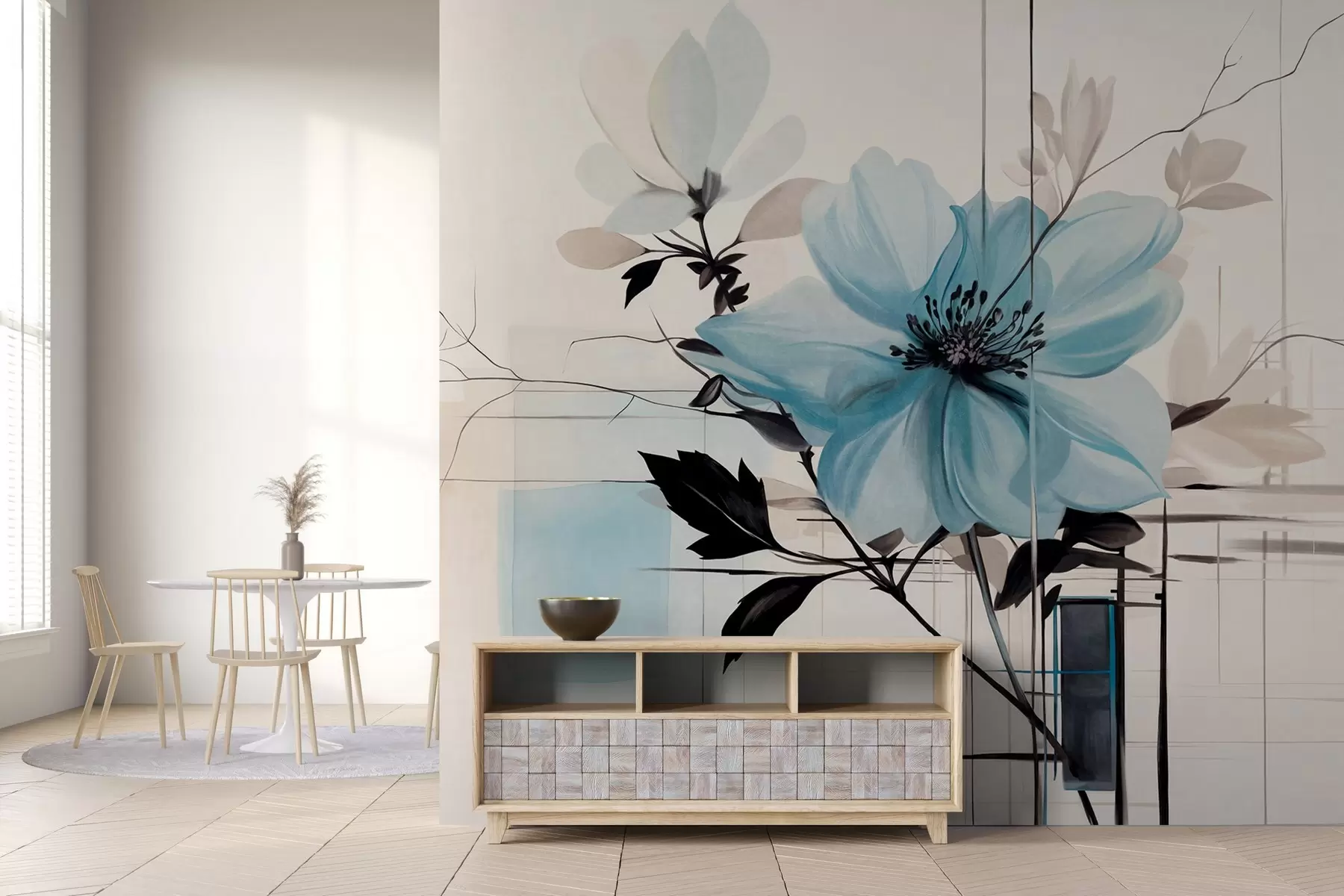 Fototapete Abstrakte strukturierte blaue Blume mit dunklen Blättern und Zweigen, geometrische minimalistische Formen und Linien in gedeckten Farben w09332