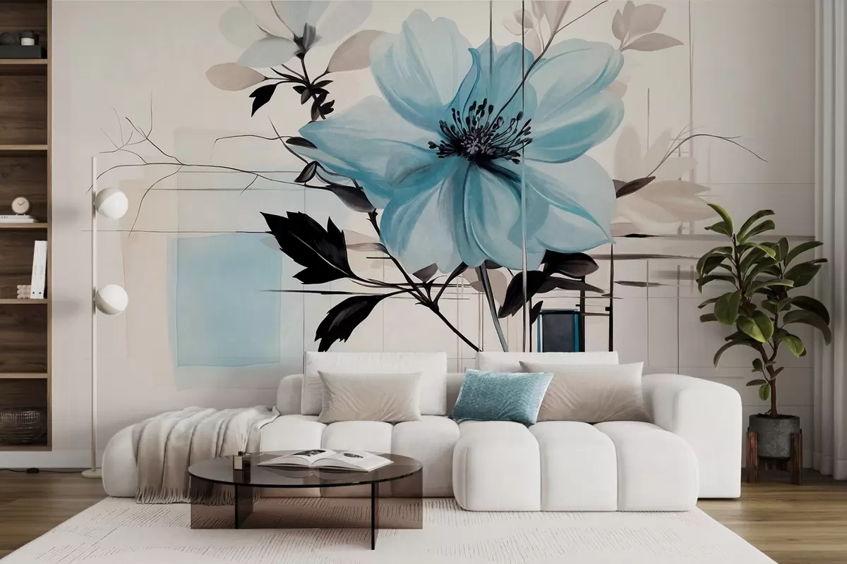 Fototapete Abstrakte strukturierte blaue Blume mit dunklen Blättern und Zweigen, geometrische minimalistische Formen und Linien in gedeckten Farben w09332