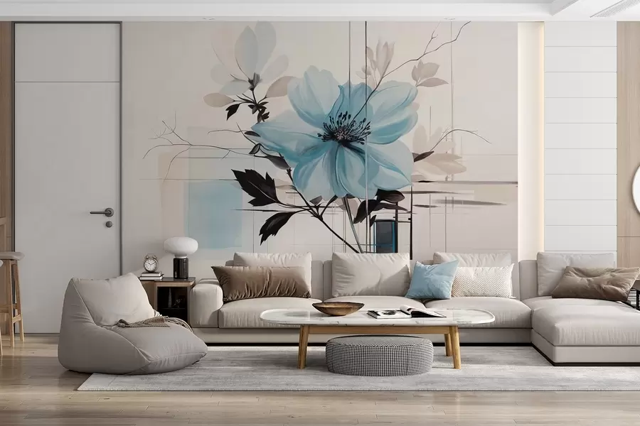 Fototapete Abstrakte strukturierte blaue Blume mit dunklen Blättern und Zweigen, geometrische minimalistische Formen und Linien in gedeckten Farben w09332