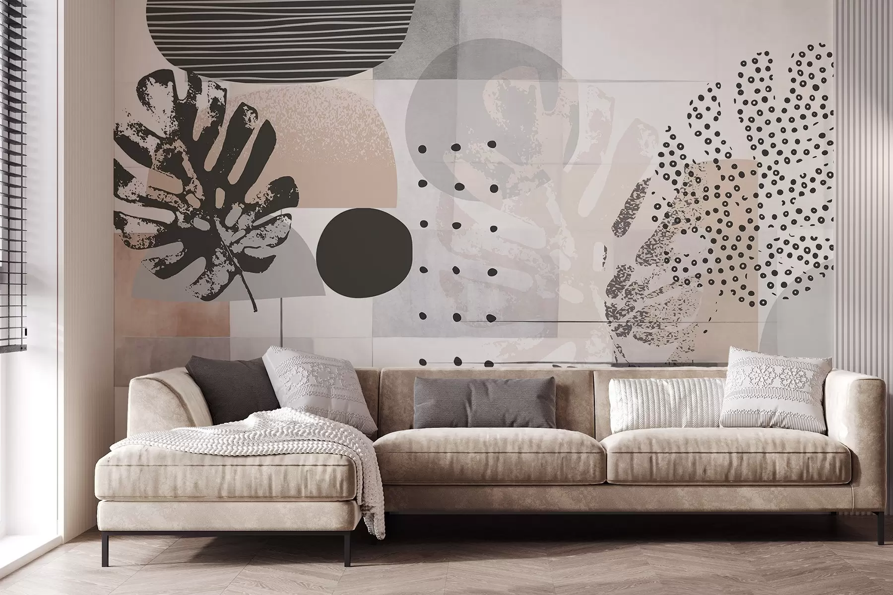 Fototapete Abstrakter Druck mit geometrischen Formen und monstera tropischen Blättern, Kreisen, Punkten und Linien, modernes und minimalistisches Design w09333