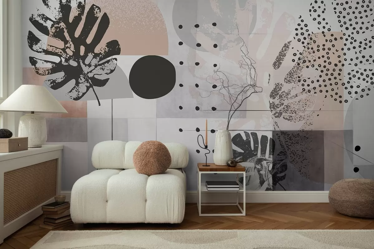 Fototapete Abstrakter Druck mit geometrischen Formen und monstera tropischen Blättern, Kreisen, Punkten und Linien, modernes und minimalistisches Design w09333