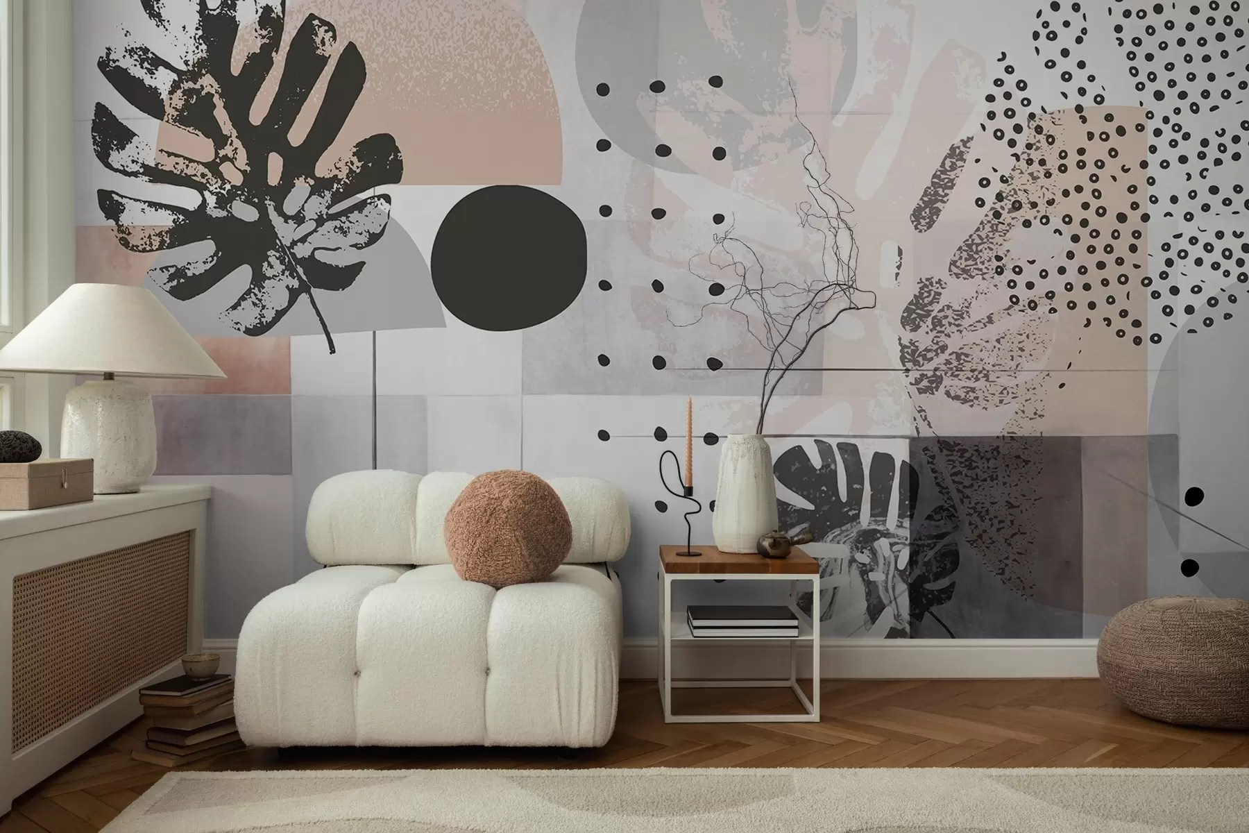 Fototapete Abstrakter Druck mit geometrischen Formen und monstera tropischen Blättern, Kreisen, Punkten und Linien, modernes und minimalistisches Design w09333