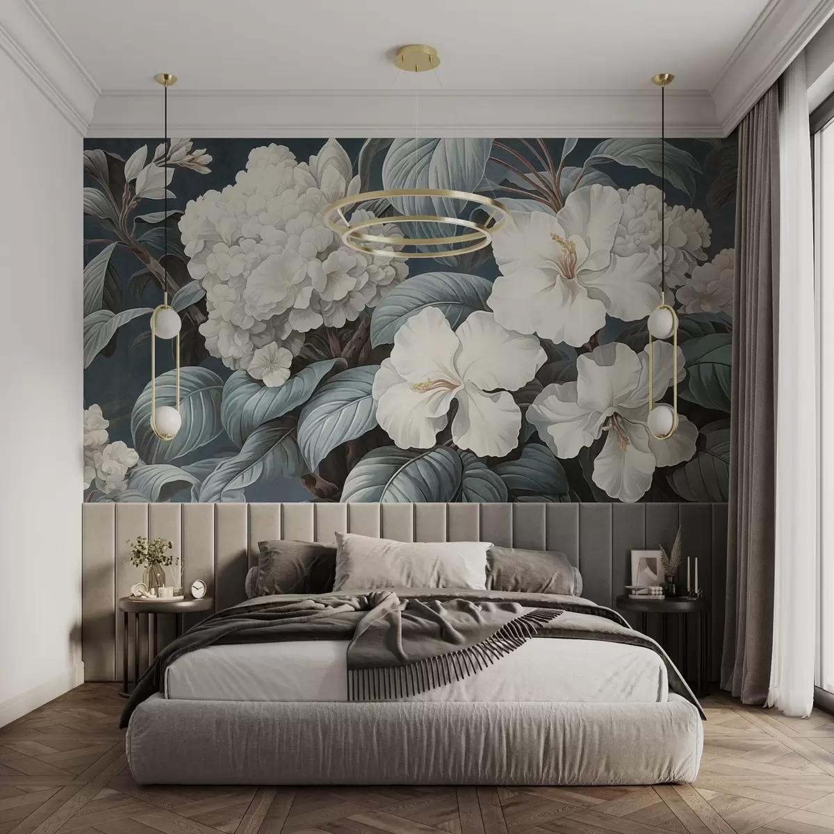 Fototapete Weiße tropische Blumen mit zarten Blütenblättern und Blättern in einem dunkelblauen Hintergrund, vintage textured style, botanische Illustration w09334