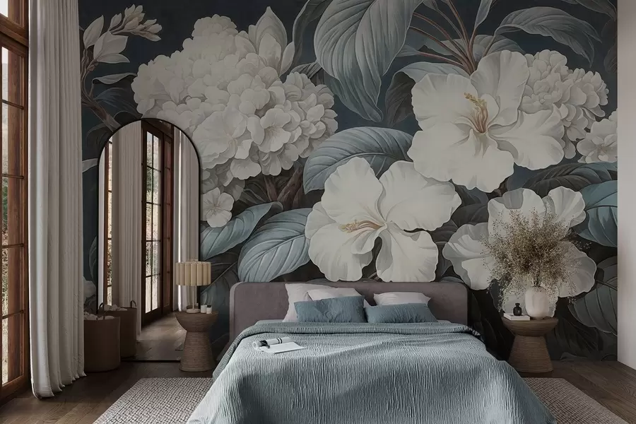 Fototapete Weiße tropische Blumen mit zarten Blütenblättern und Blättern in einem dunkelblauen Hintergrund, vintage textured style, botanische Illustration w09334