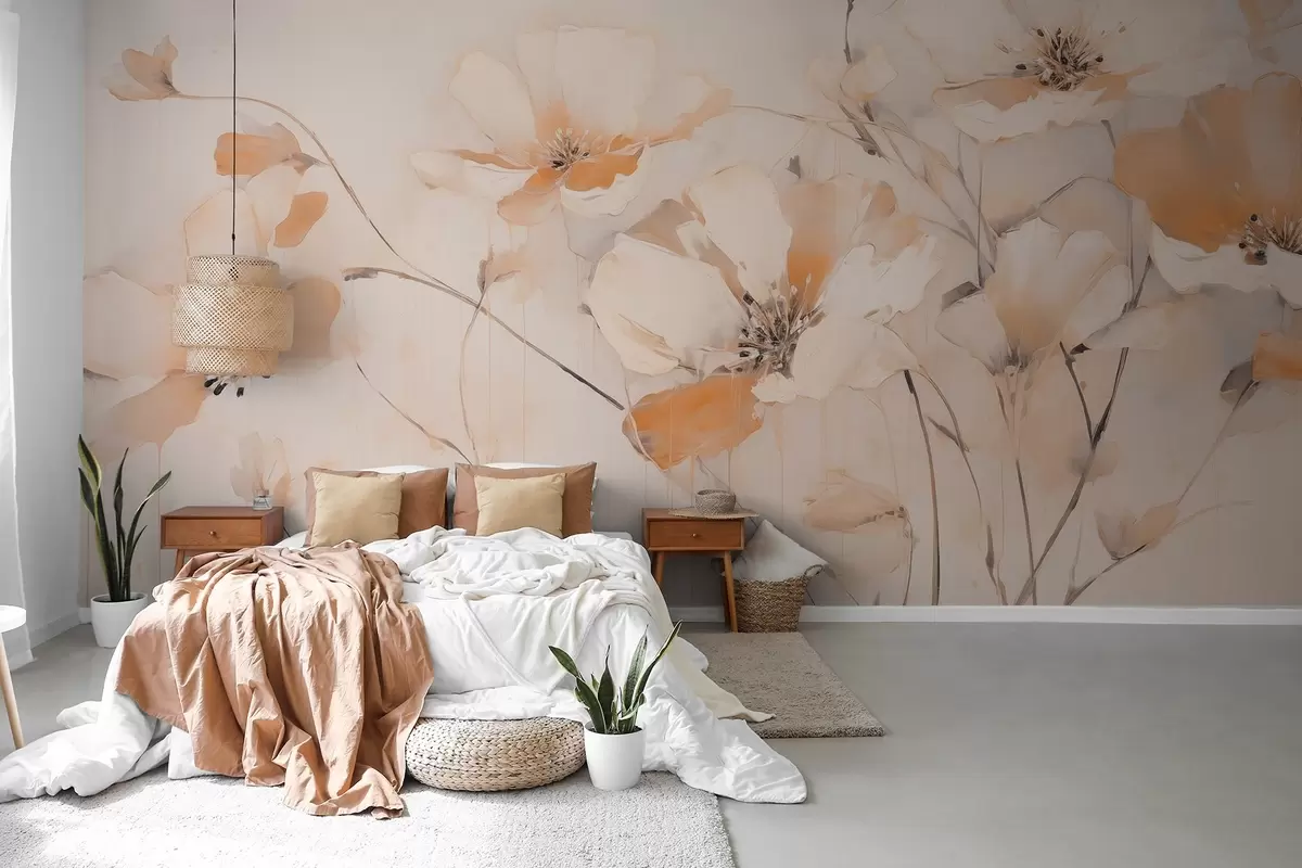 Fototapete Weiße und orangefarbene strukturierte Blumen mit langen Stielen, heller Hintergrund, weiche Farben, elegante Komposition, zarte Pinselstriche w09335