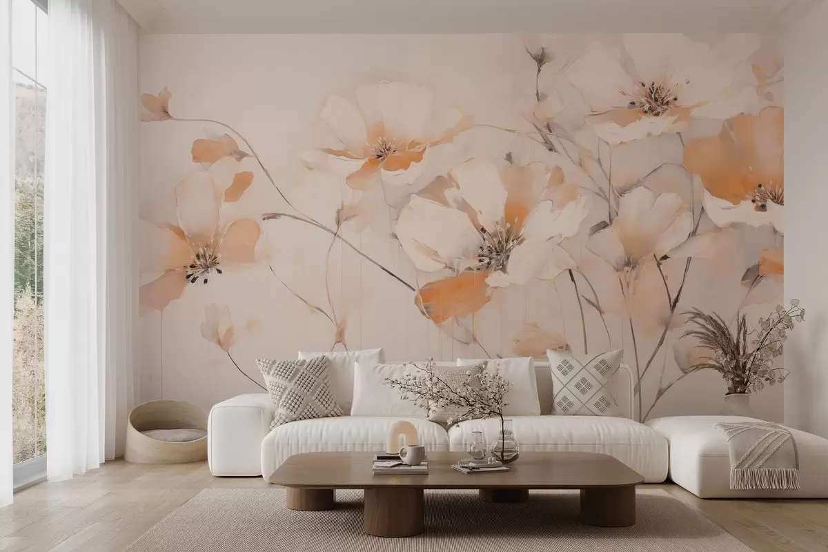 Fototapete Weiße und orangefarbene strukturierte Blumen mit langen Stielen, heller Hintergrund, weiche Farben, elegante Komposition, zarte Pinselstriche w09335
